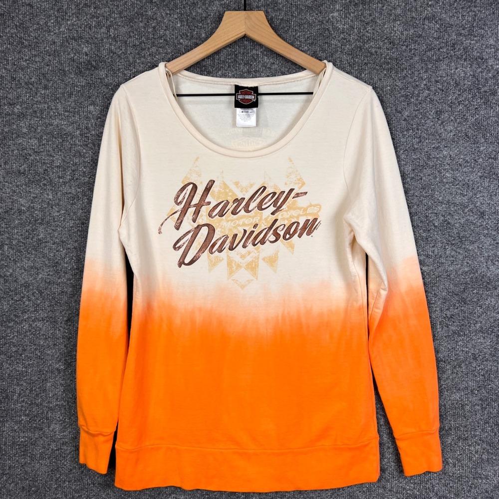 Harley Davidson Womens Long Sleeve Top Orange Cream‎ logo Sweater size S